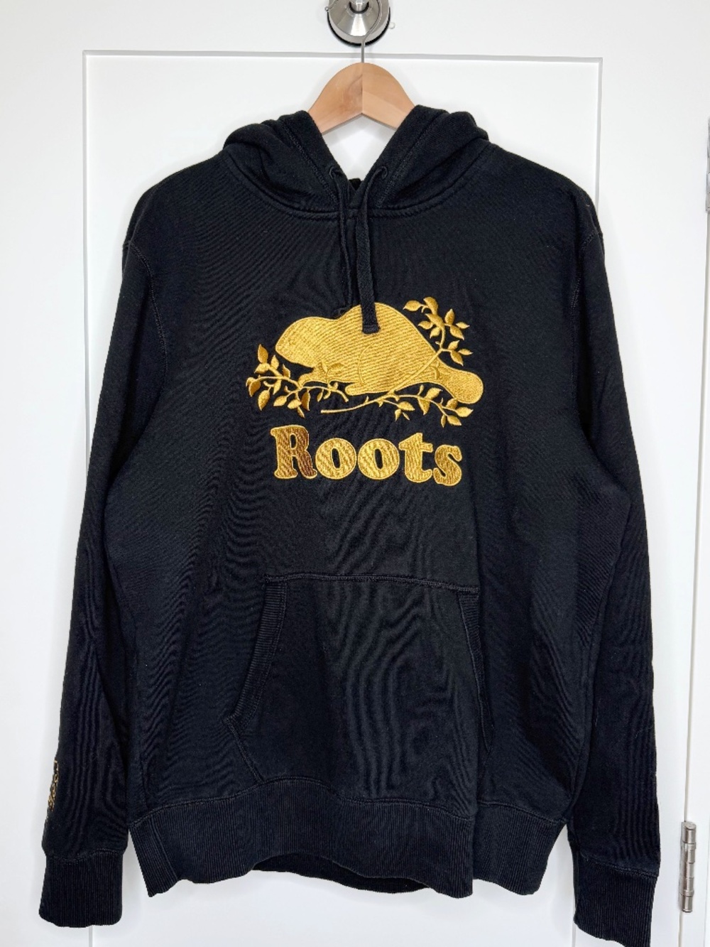 Roots Canada 50th Anniversary Gold Embroidered Beaver Kanga Hoodie Black